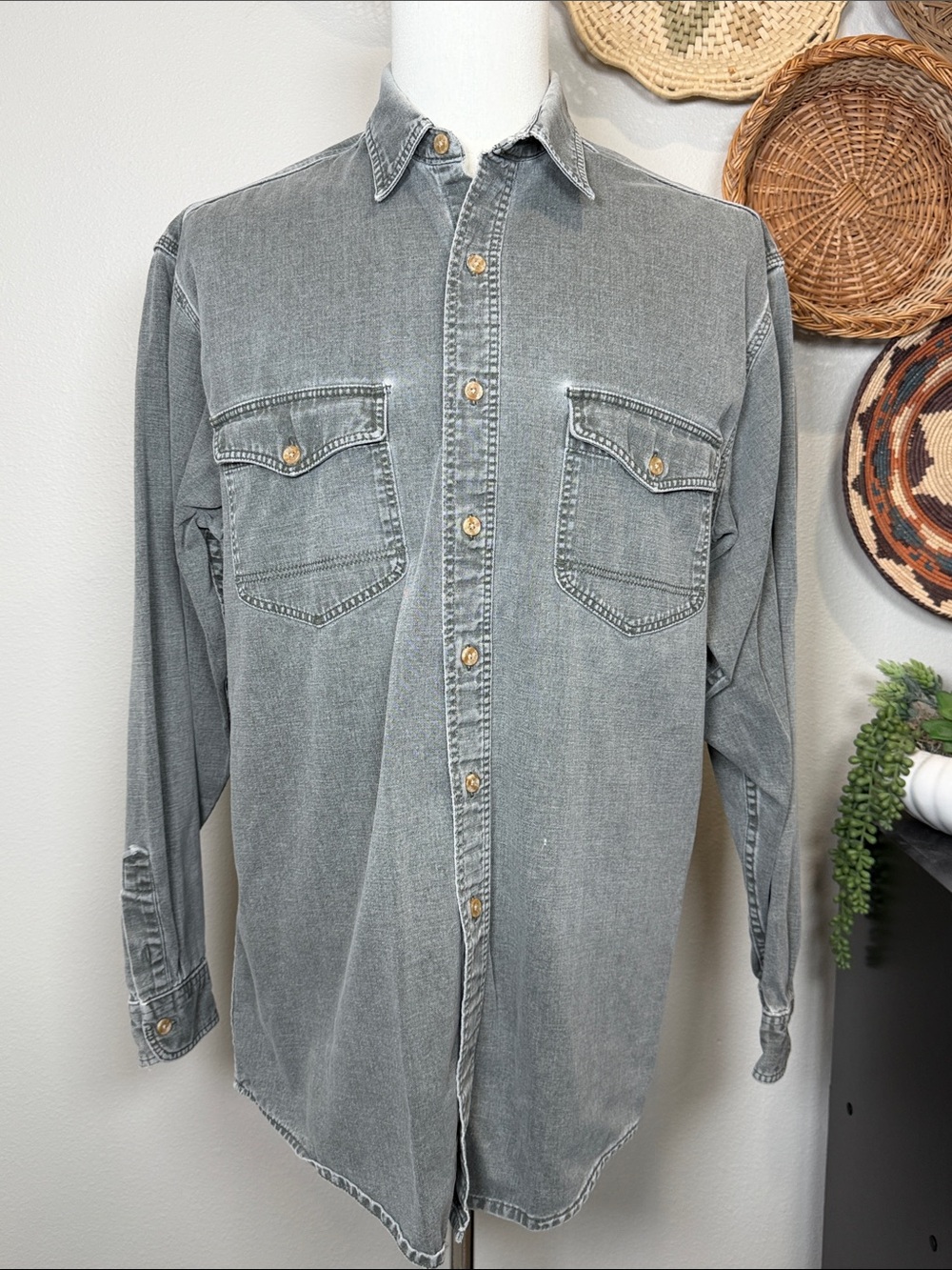 Vintage Eddie Bauer Mens Elkhorn Twill Heavyweight Denim Shirt Gray Size Large T